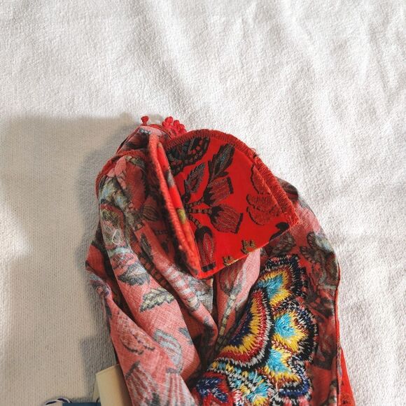 Farm Rio One Shoulder Puff Sleeve Boho Crop Top Red Paisley Floral Embroidered S - Picture 13 of 13